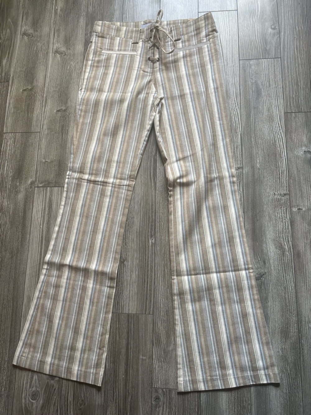 Striped Boot Cut Pants in Beige and White
